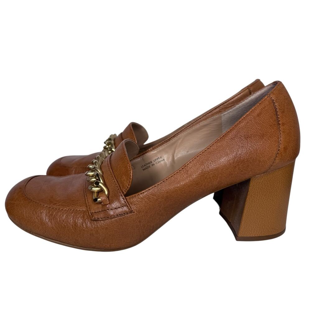 Tahari Brown Leather Chain Loafer Block Heel Pumps Womens Size 8.5 Cognac - Picture 7 of 16